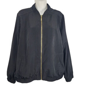 Susan Graver Peachskin Zip Front Bomber Jacket Solid Black Size Large Mob Wife